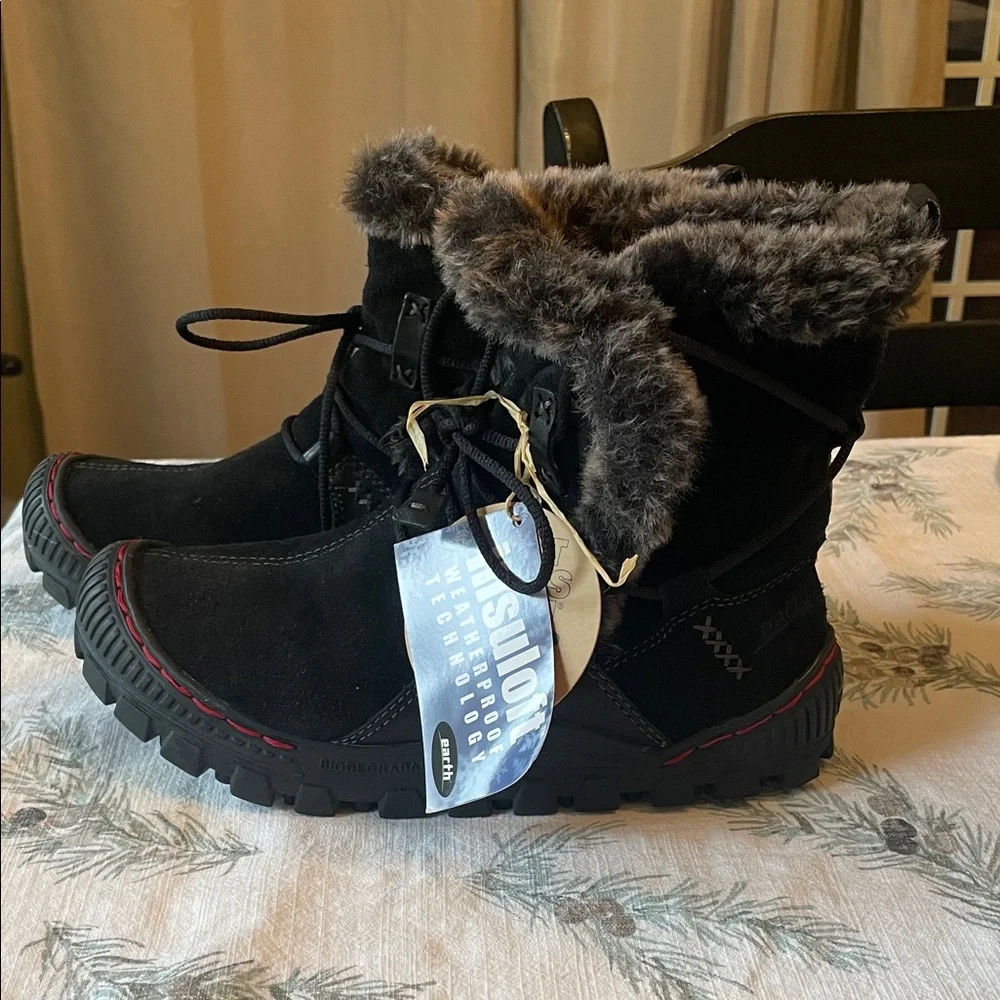 Earth Black Leather Winter Boots with Faux Fur Trim Size 7 - Picture 2 of 10